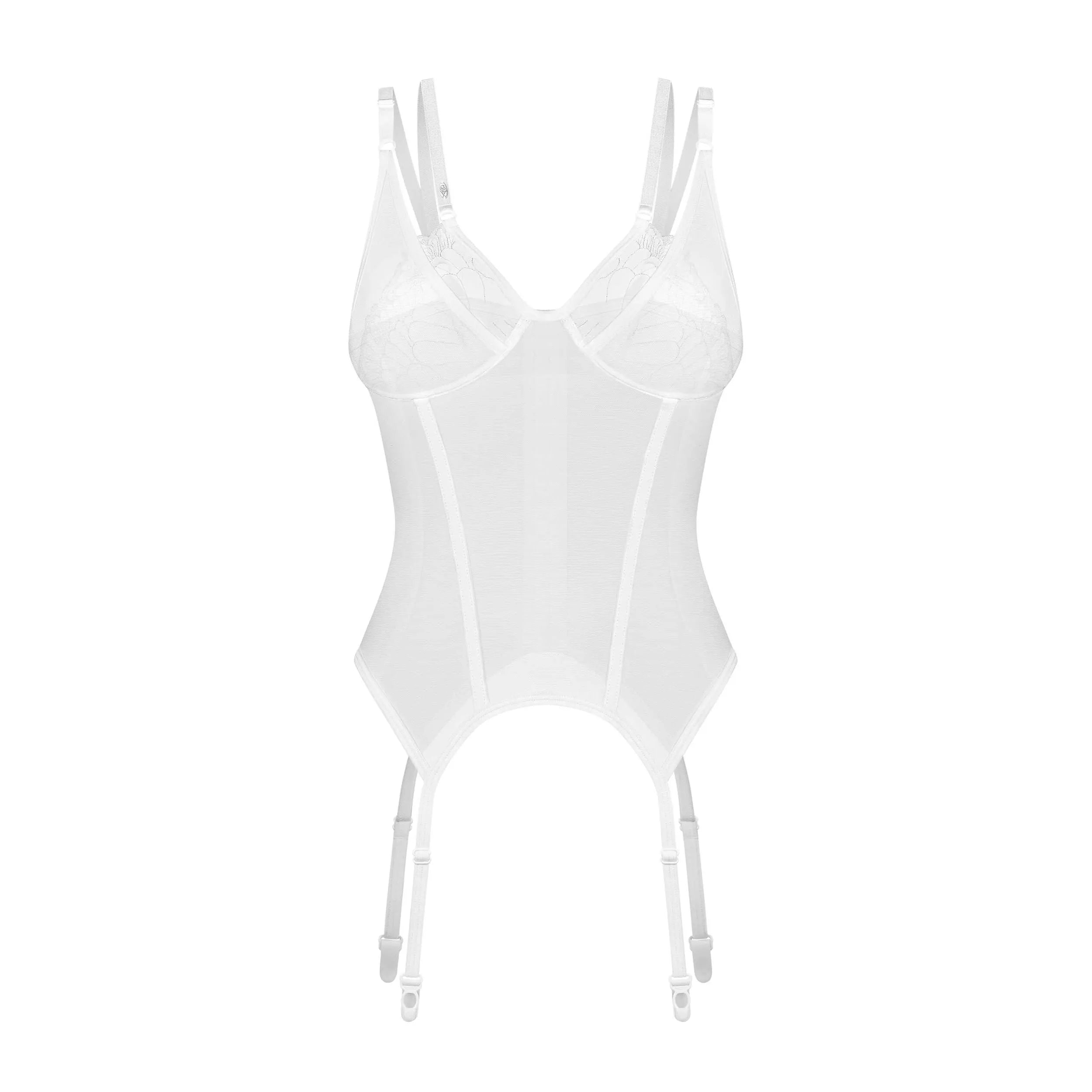 Corset blanc Arrowel en dentelle transparente avec désossage vertical et bonnets à armatures, élégant et ajustable.