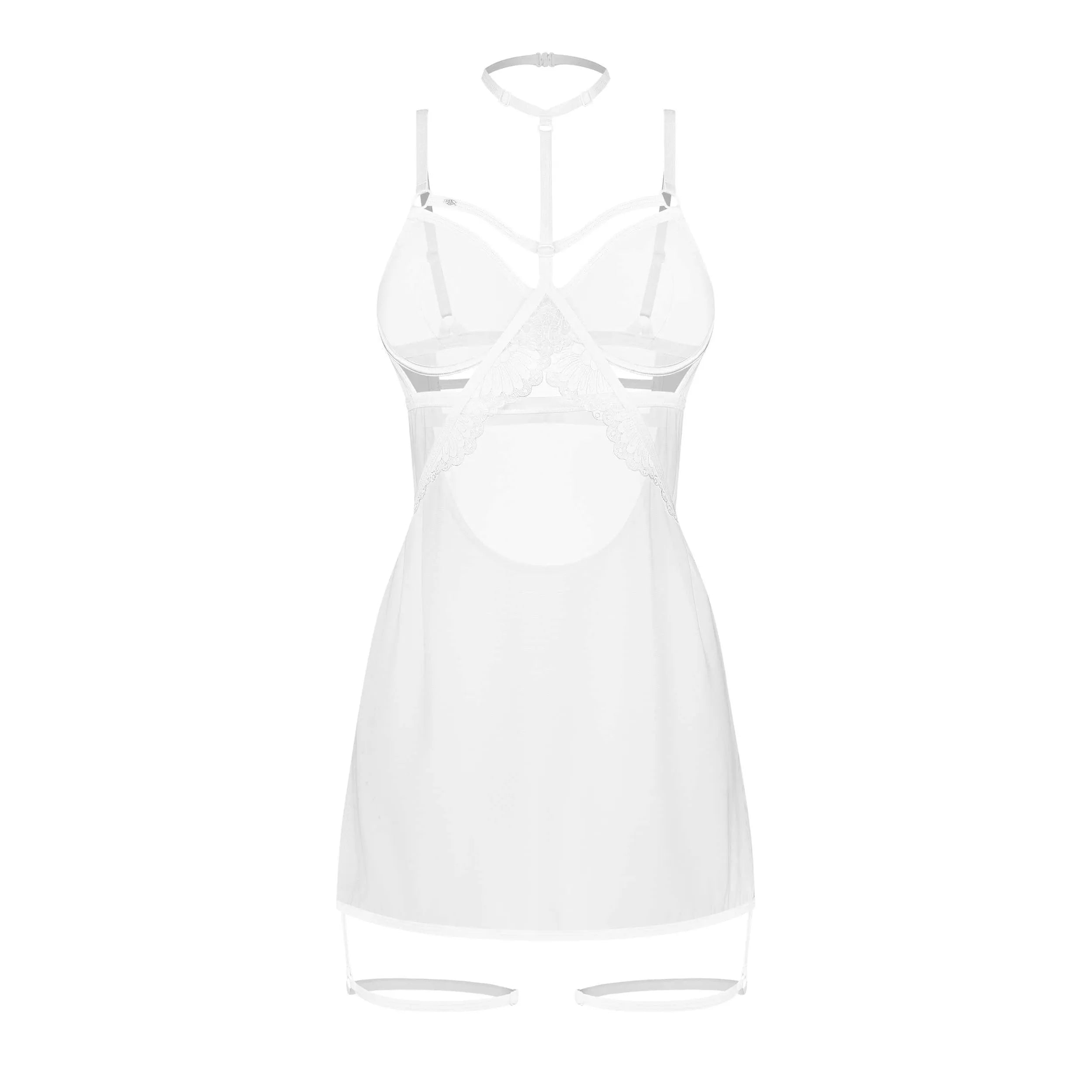 Nuisette blanche Arrowel en tissu transparent avec dentelle sous le buste, choker et jarretières, bretelles réglables.
