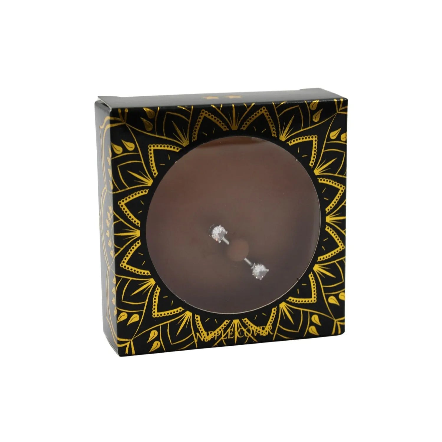 Cache-tétons adhésifs silicone peau foncée avec faux diamants, design élégant en boîte noire et dorée.