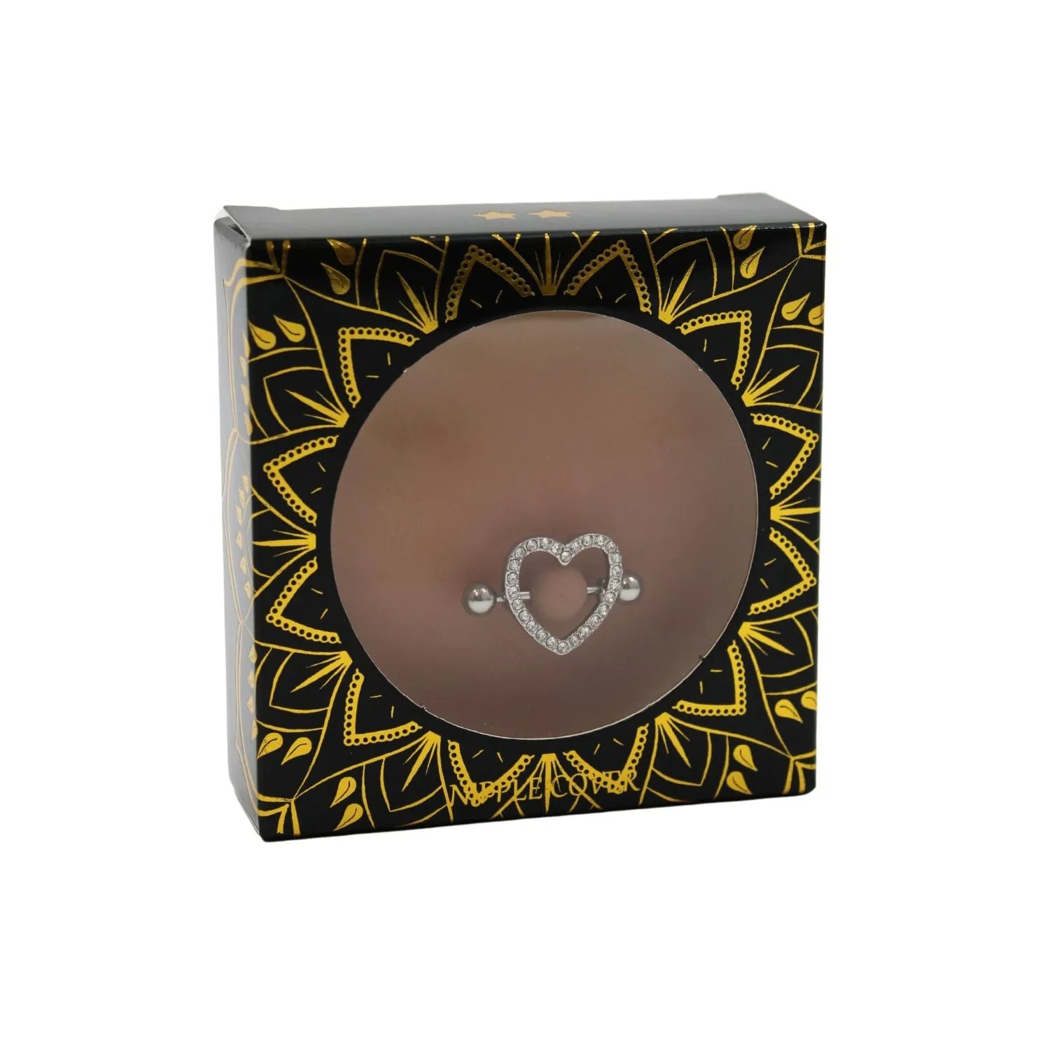 Cache-tétons silicone cœur faux diamant, peau métissée, dans un emballage élégant noir et or.