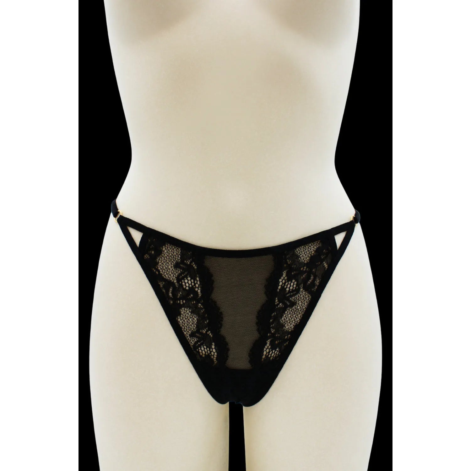 Tanga dentelle noire bijou losanges dorés ajustable sensuel élégant