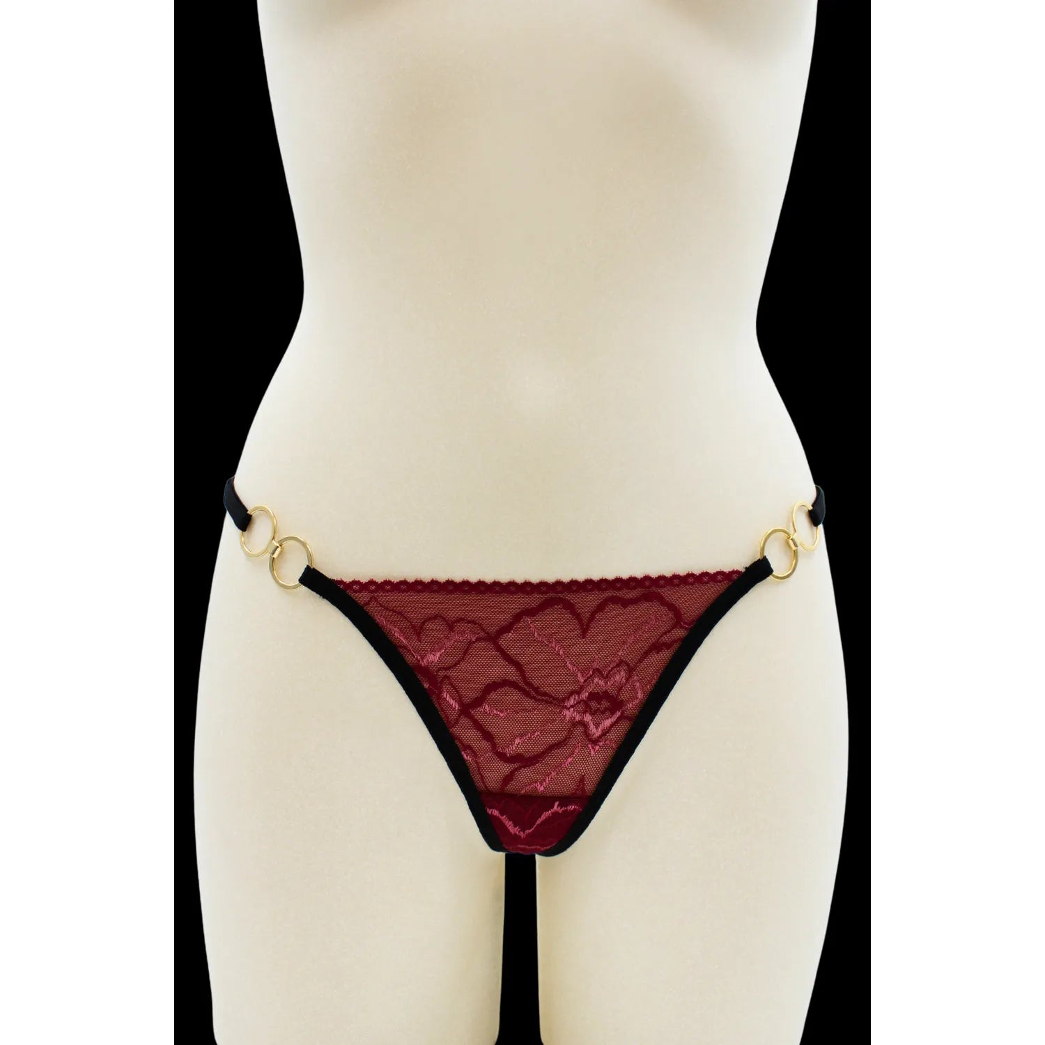 String dentelle florale bordeaux avec anneaux dorés ajustables S-XXL