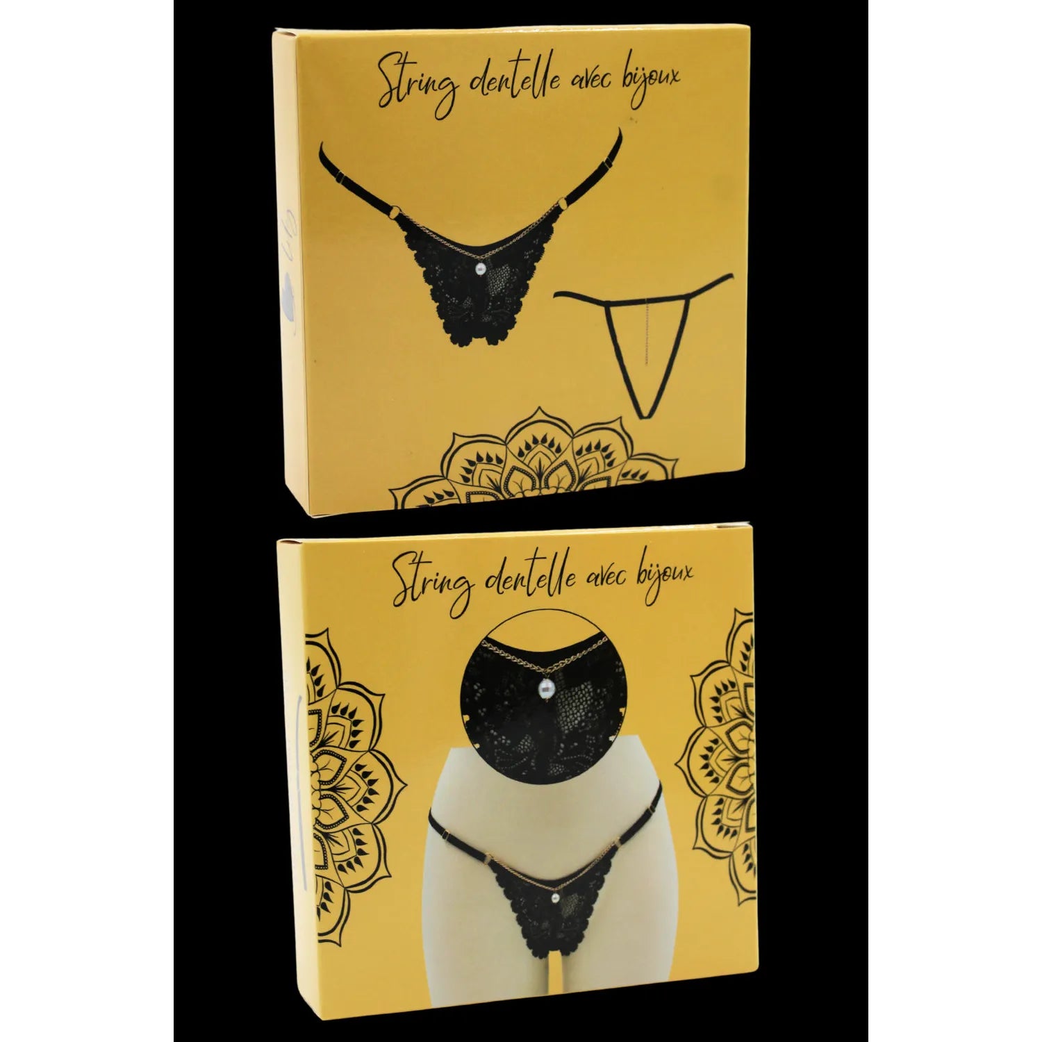 String noir en dentelle avec bijou et chaîne dorée - PM06G-BBLK