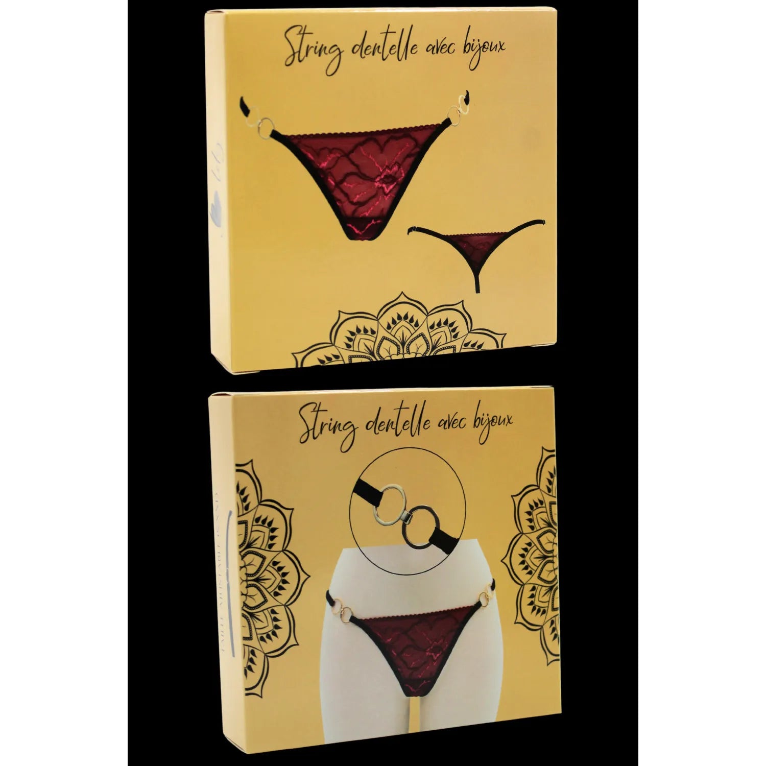 String dentelle florale bordeaux avec anneaux dorés ajustables S-XXL