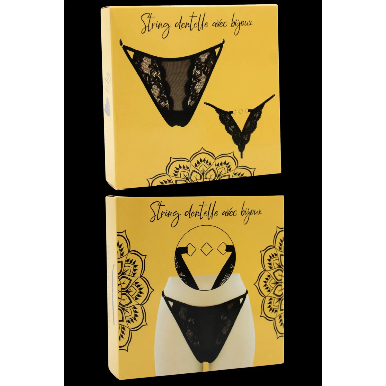 Tanga dentelle noire bijou losanges dorés ajustable sensuel élégant