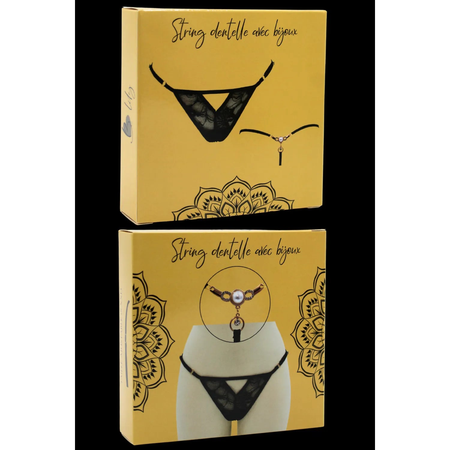 String noir dentelle ajourée bijou perle strass dorés ajustable