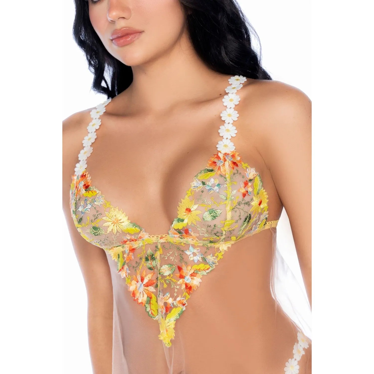 Nuisette tulle brodé fleuri marguerites bohème élégante avec string