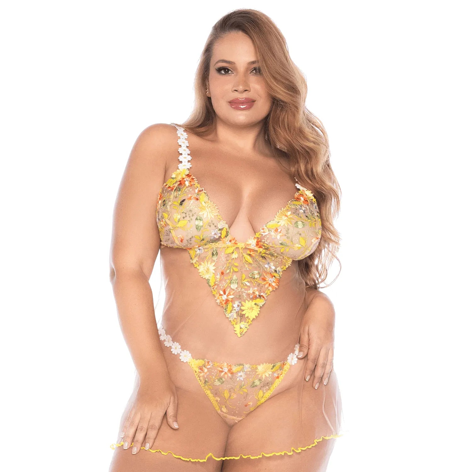 Nuisette grande taille tulle brodé fleurs marguerites romantique bohème string
