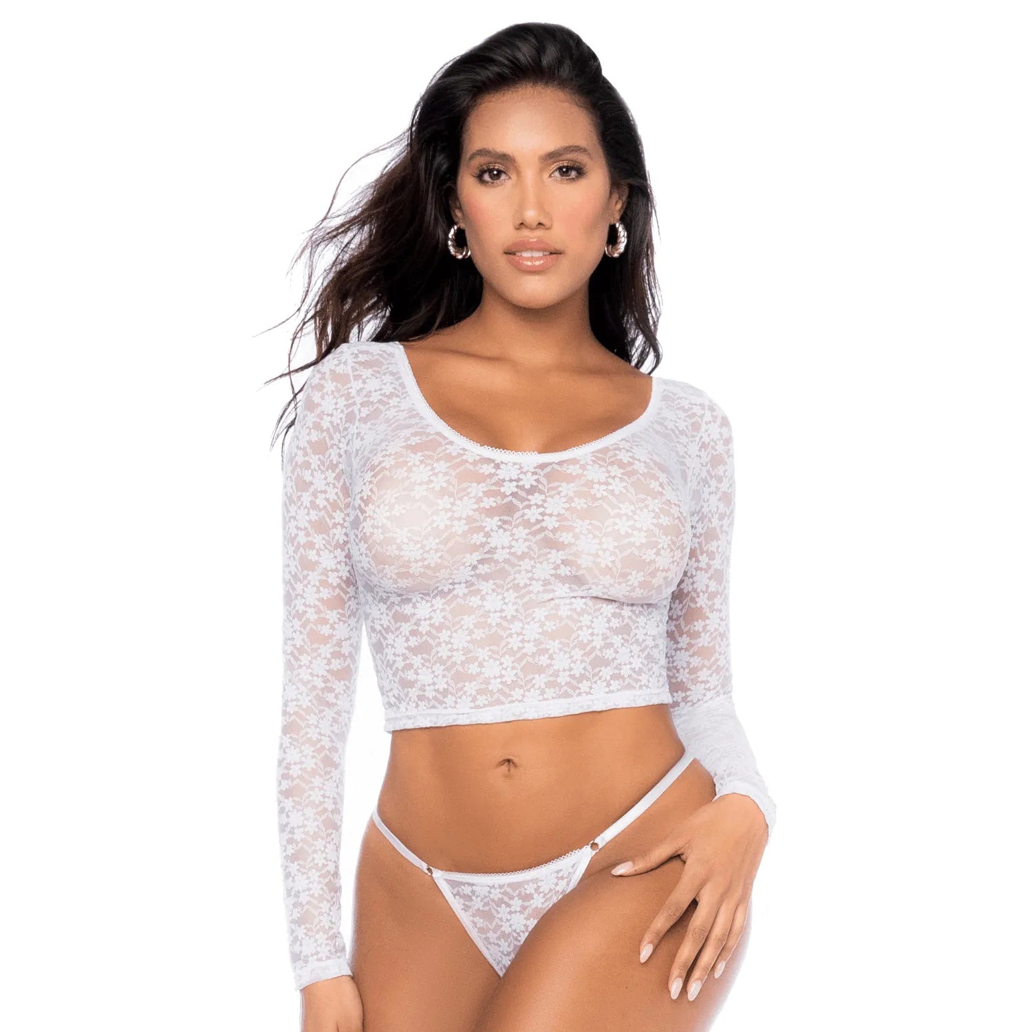 Ensemble lingerie dentelle blanche florale crop top manches longues string sensuel