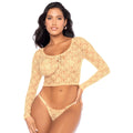 Ensemble dentelle jaune pastel florale crop top manches longues string sensuel