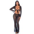 Ensemble 2 pièces dentelle florale noire top nouable pantalon évasé chic