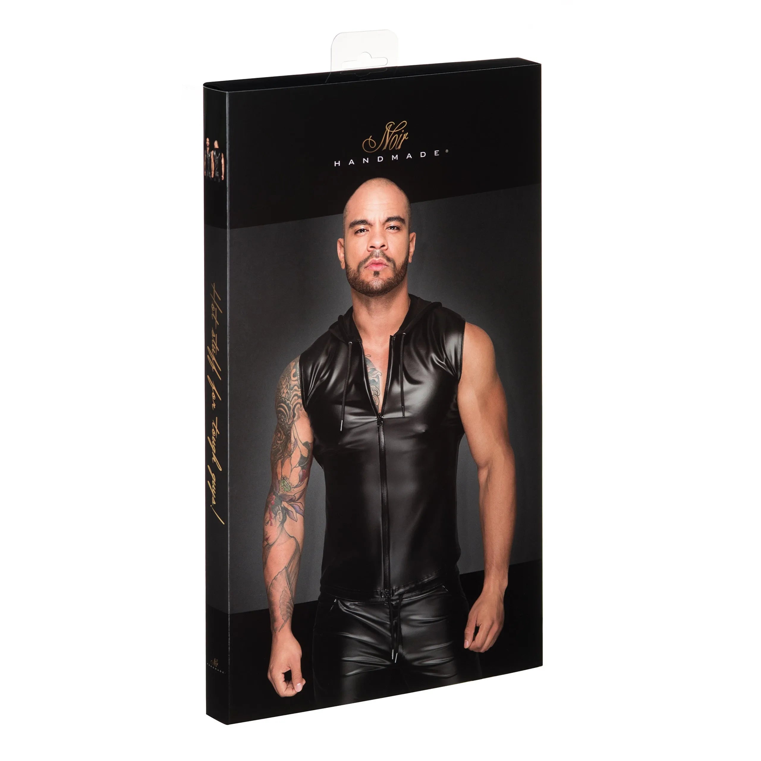 Chemise sans manches noire wetlook élastique avec capuche et fermeture éclair double sens, style moderne et audacieux.
