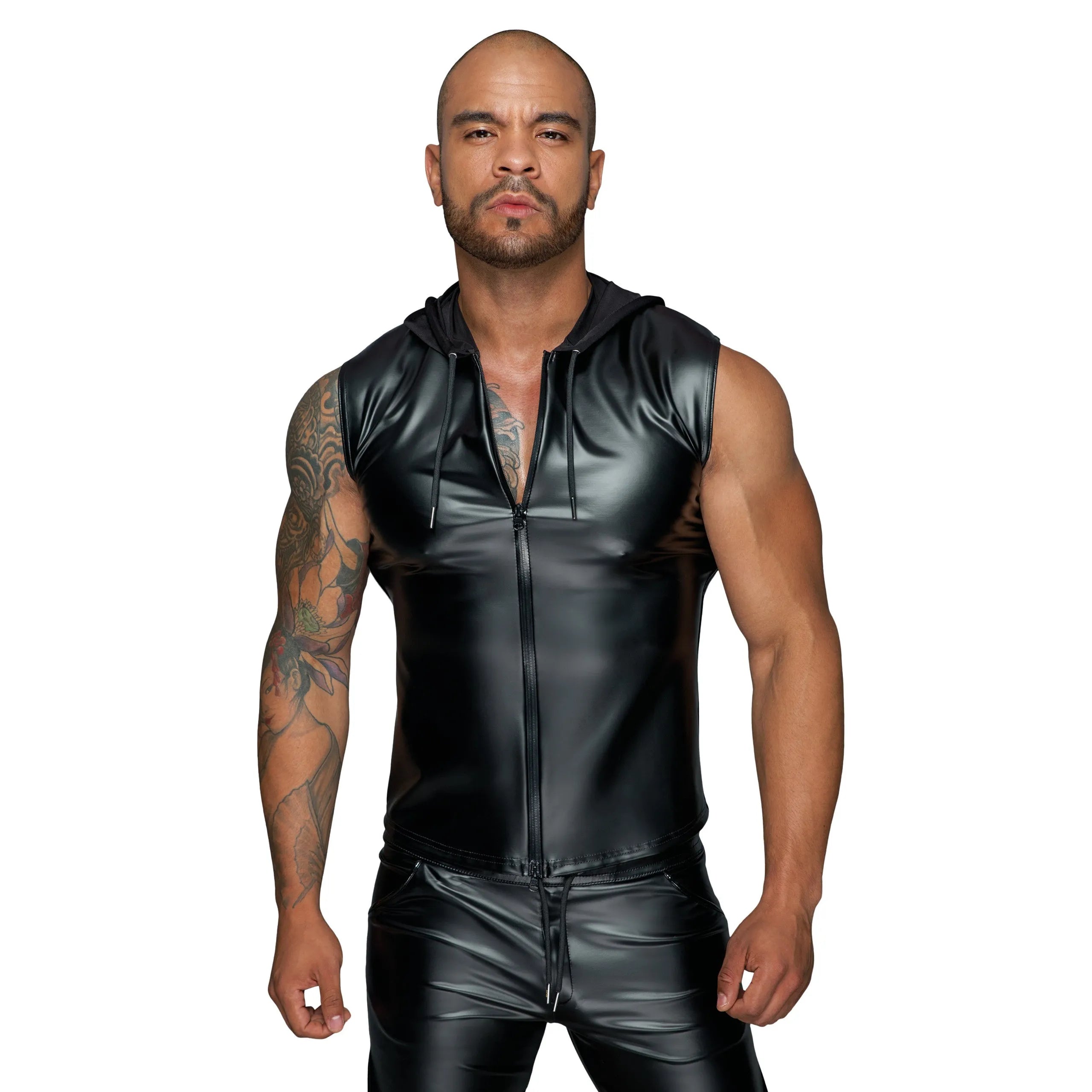 Chemise sans manches wetlook élastique à capuche fermeture éclair double sens