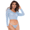 Ensemble lingerie dentelle florale bleu pastel crop top string chic