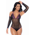 body résille romantique dentelle noire violette mitaines col licou séduisant