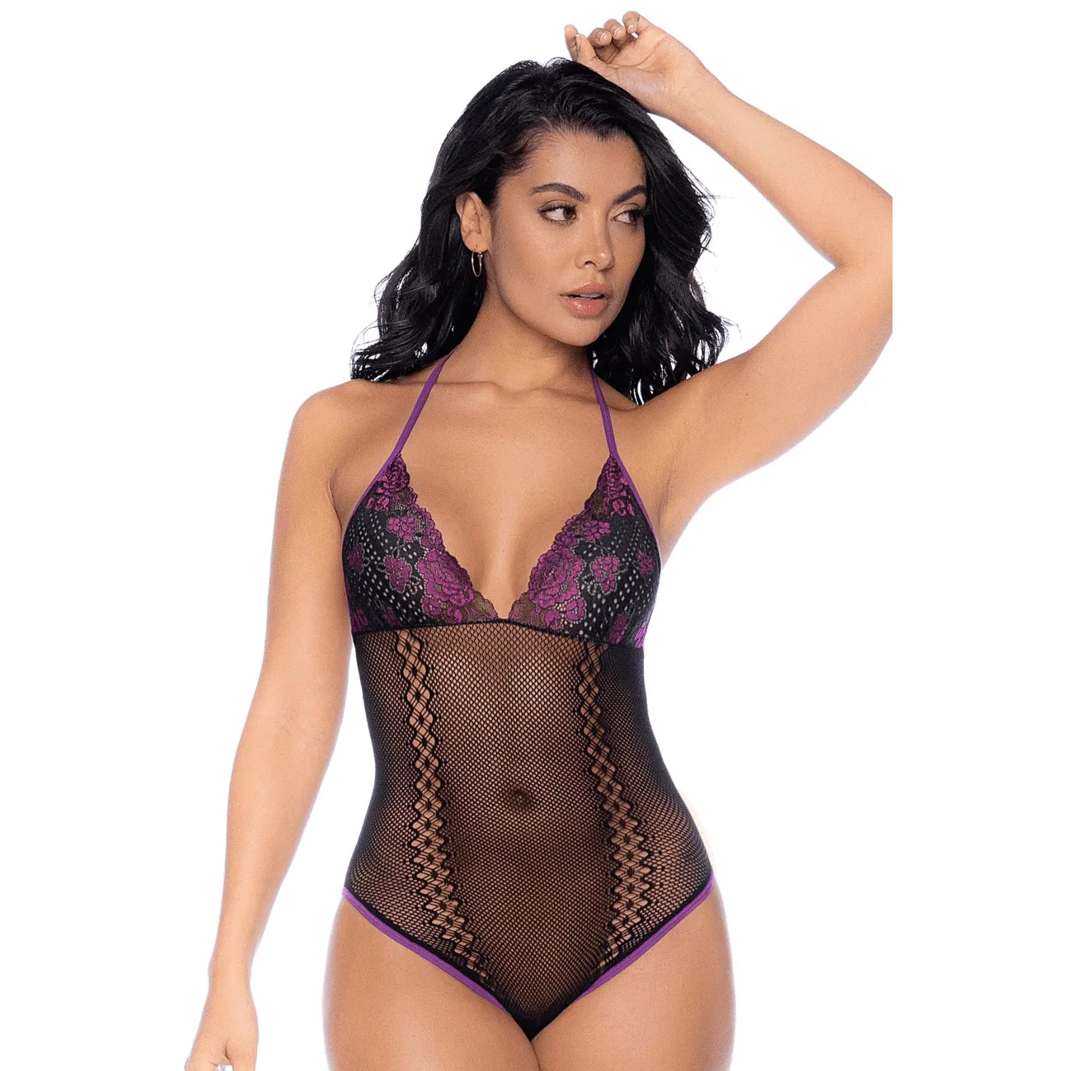 Body résille noir et violet en dentelle florale, col licou, mitaines assorties, design séduisant et élégant.