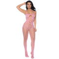 Combinaison résille rose florale ouverte bretelles fines noeud volants satin