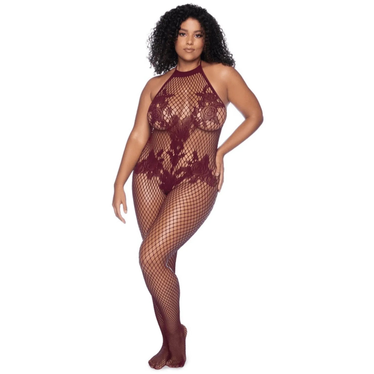 Combinaison grande taille résille cerise motifs floraux dos échancré sensuelle