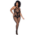 Combinaison grande taille résille noire motifs floraux dos échancré ouverte entrejambe