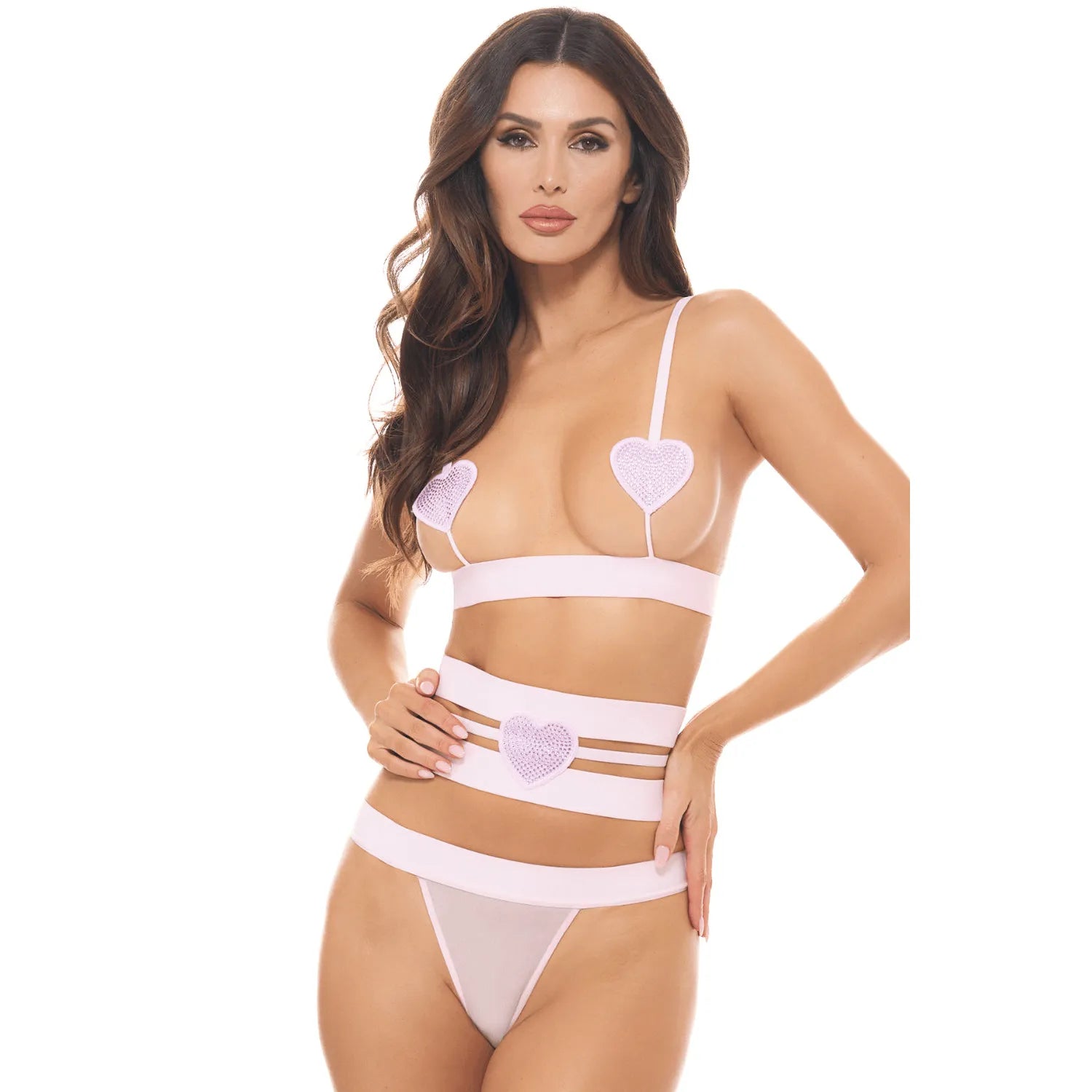 Ensemble Lingerie 3 Pièces Rose Pastel Sensualité Élégance Soutien-Gorge Minimaliste String Serre Taille Réglable Bretelles Ajustables 90% Nylon 10% Spandex