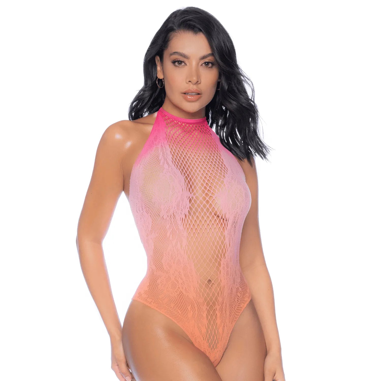 Body résille dégradé rose-orange motifs floraux, col licou, style audacieux et élégant, mode féminine tendance.