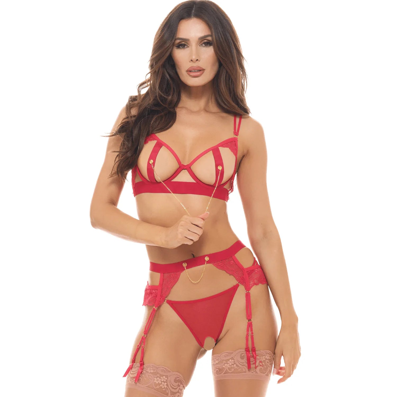 Ensemble Lingerie Rouge 3 Pièces Soutien-Gorge Ouvert Porte-Jarretelles Réglable String Ouvert Sensuel Confort Ajustable