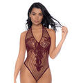 Body résille cerise décolleté halter croisé dos lacé motifs floraux sculptant