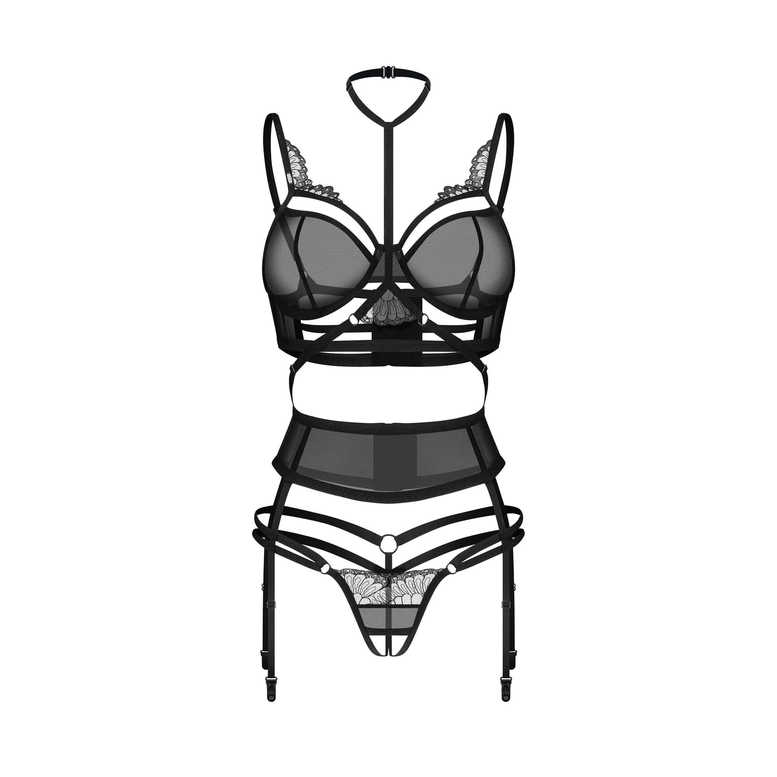 Ensemble lingerie noir ouvert 3 pièces dentelle jarretelles sensuel