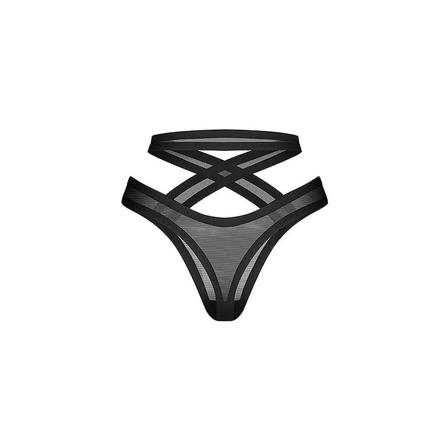 Mercuris string noir maille transparente taille croisée courbes design minimaliste