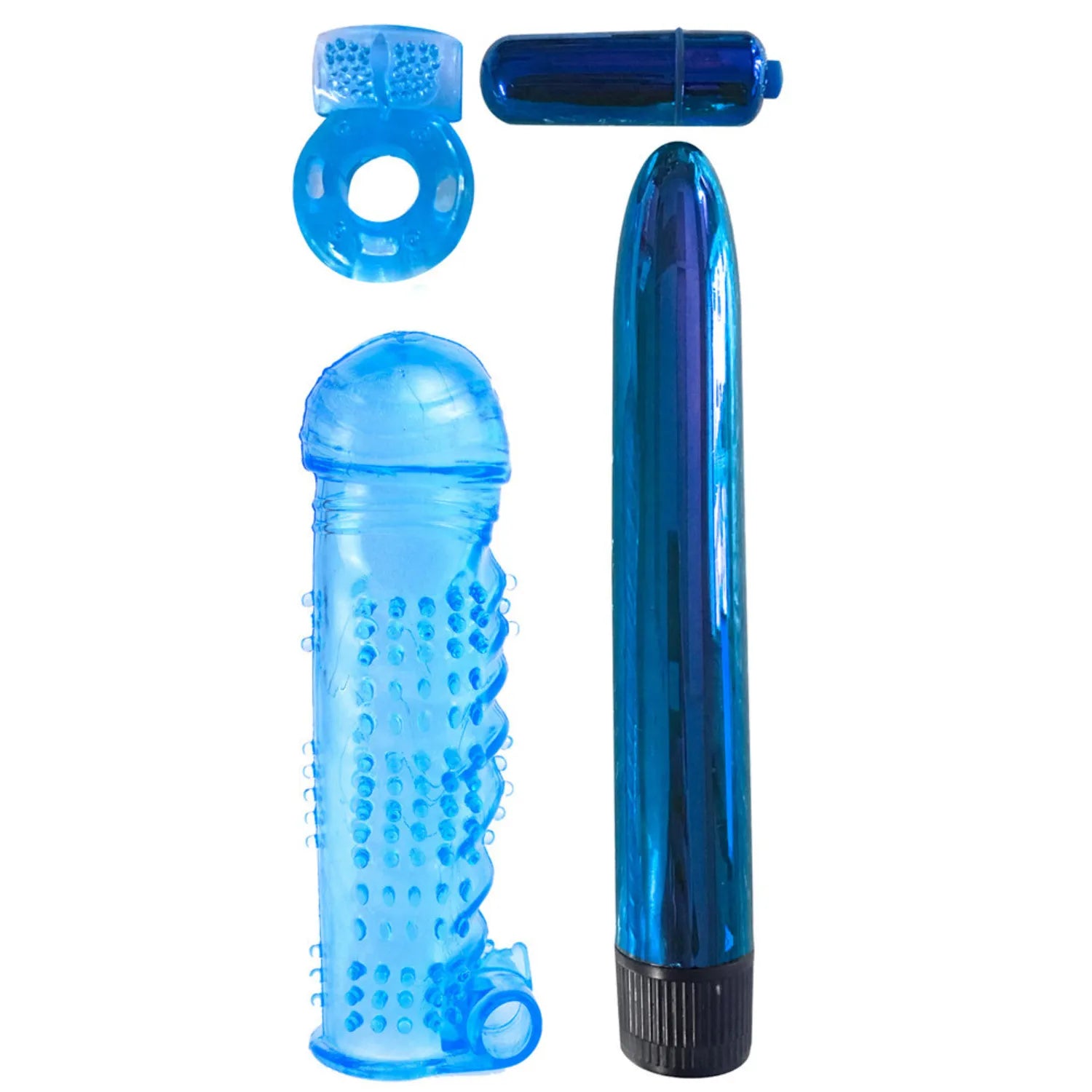 Coffret Sextoys Bleu Polyvalent 4 Pièces Vibrateur Manchon Vibro Bullet Anneau Pénien Stimulation Ciblée Plaisir Partagé Matériaux ABS TPE