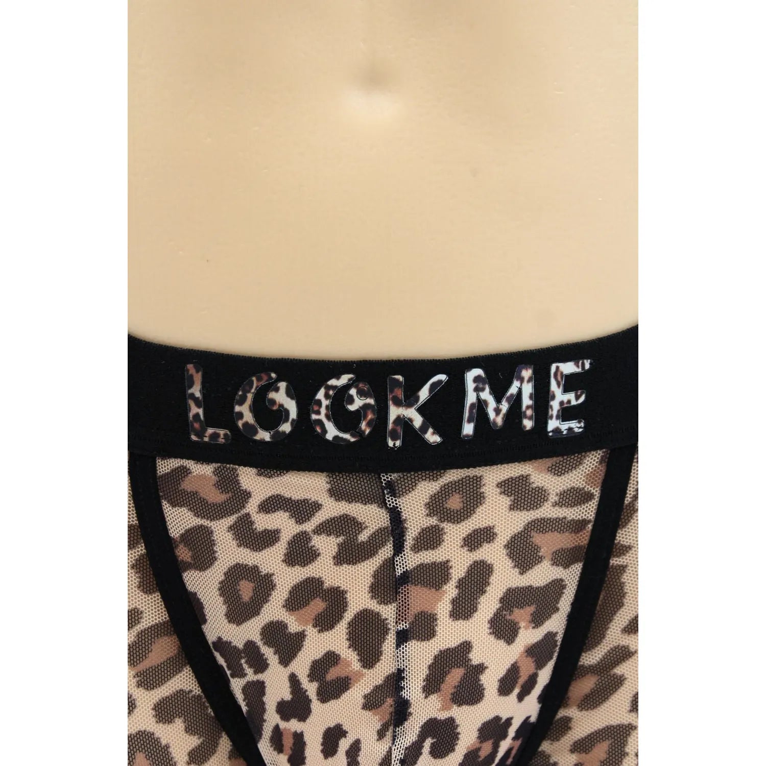 Boxer résille transparent léopard, ceinture noire avec logo LOOKME, style urbain et sexy, valorise la silhouette.