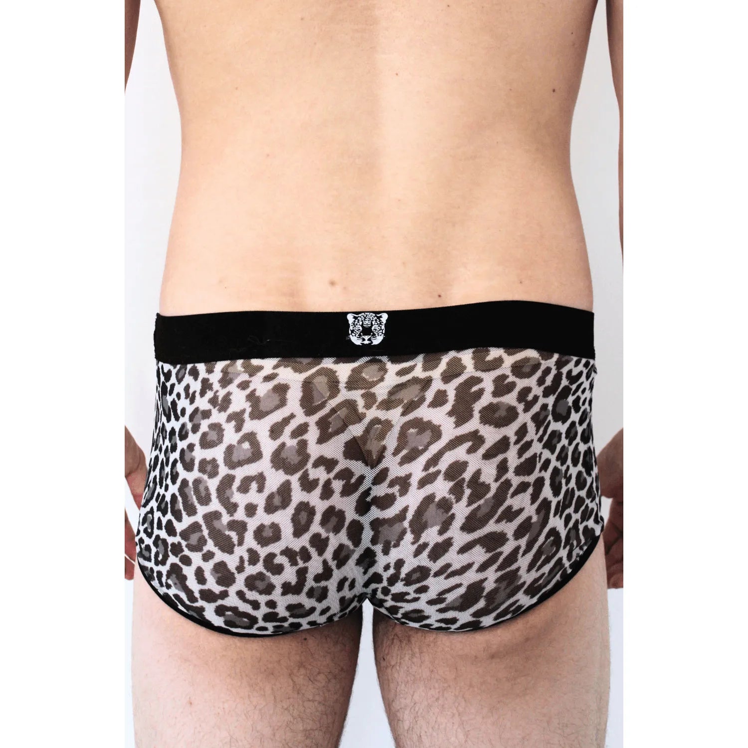 Boxer résille léopard gris transparent, ceinture noire élastique, style urbain LOOKME, valorisant et confortable.