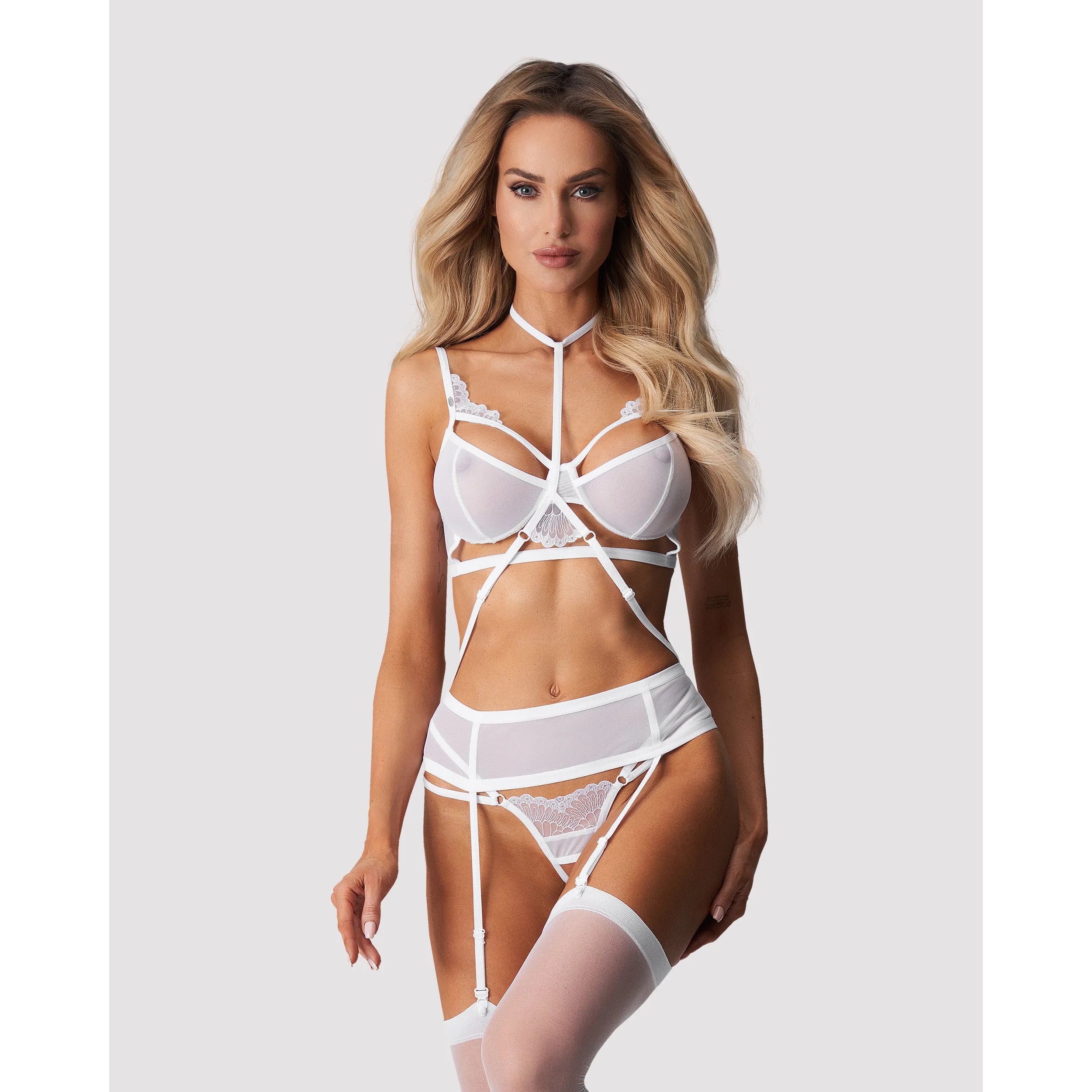 Ensemble lingerie blanche premium ouvert 3 pièces broderies baleines réglables