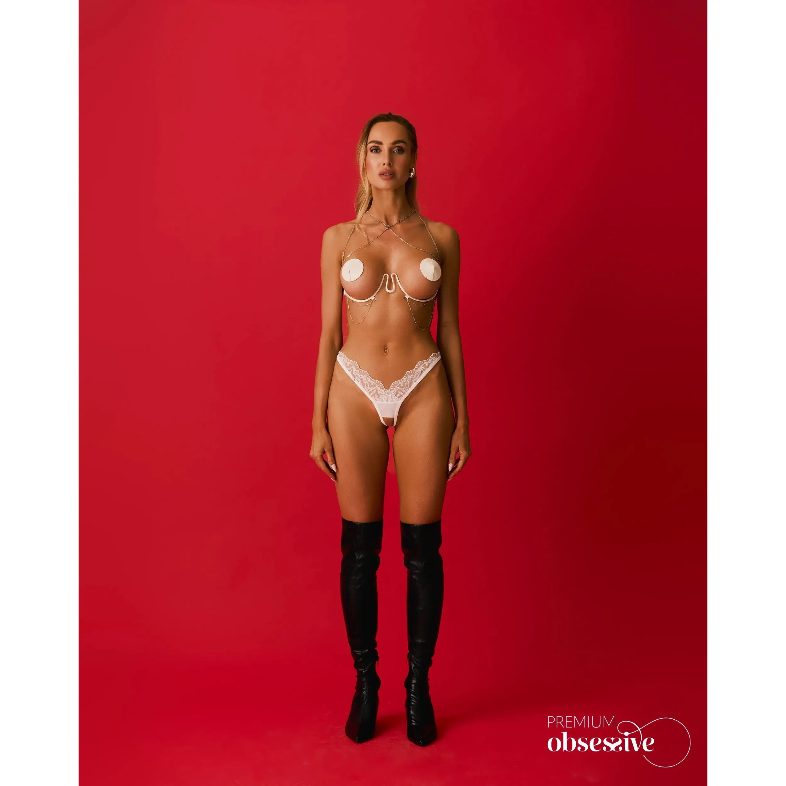 Lustique harnais soutien-gorge blanc chaînes argent sous-buste réglable premium