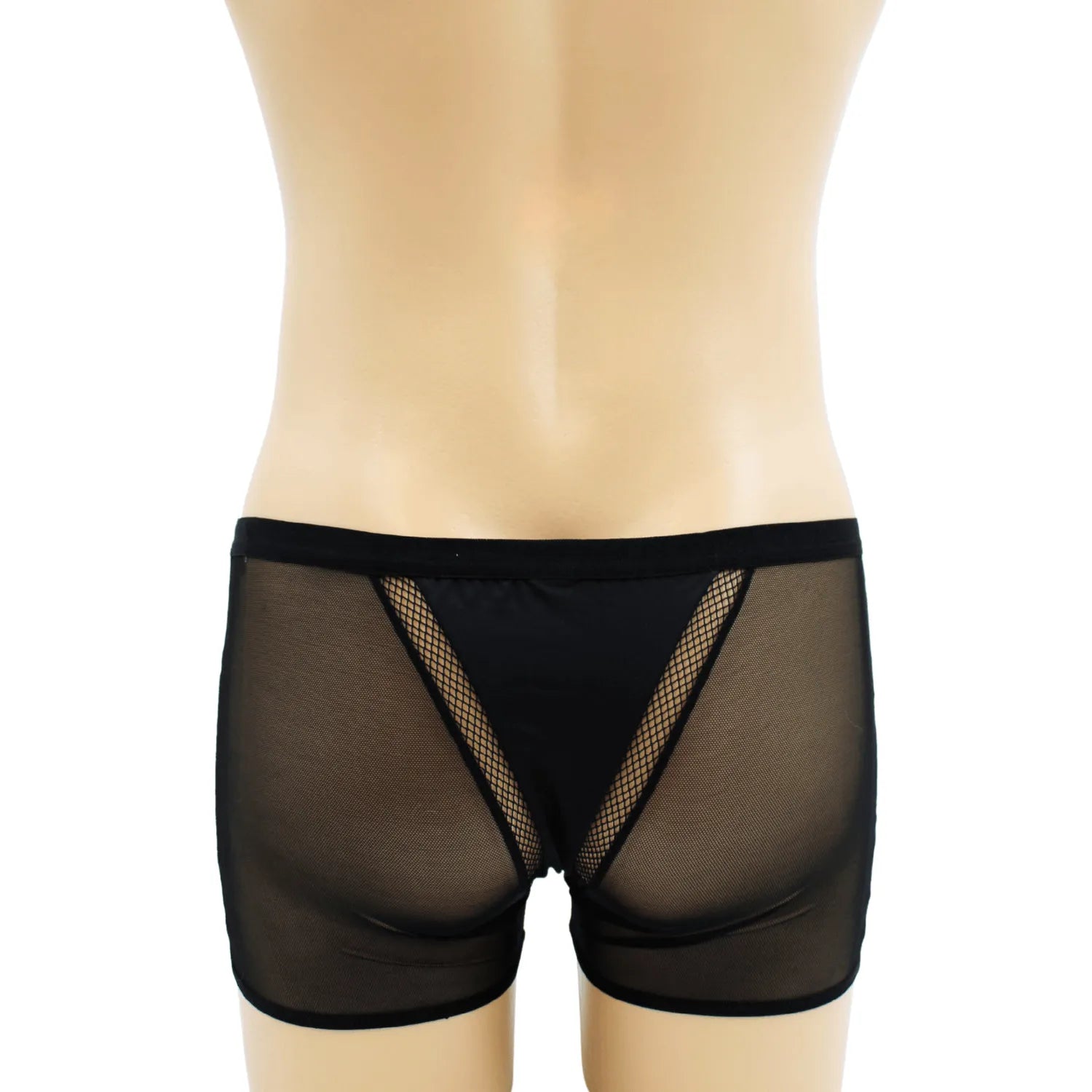 Boxer noir homme élégant, design chic, tissu polyester élasthanne, détails transparents, confort et sensualité.