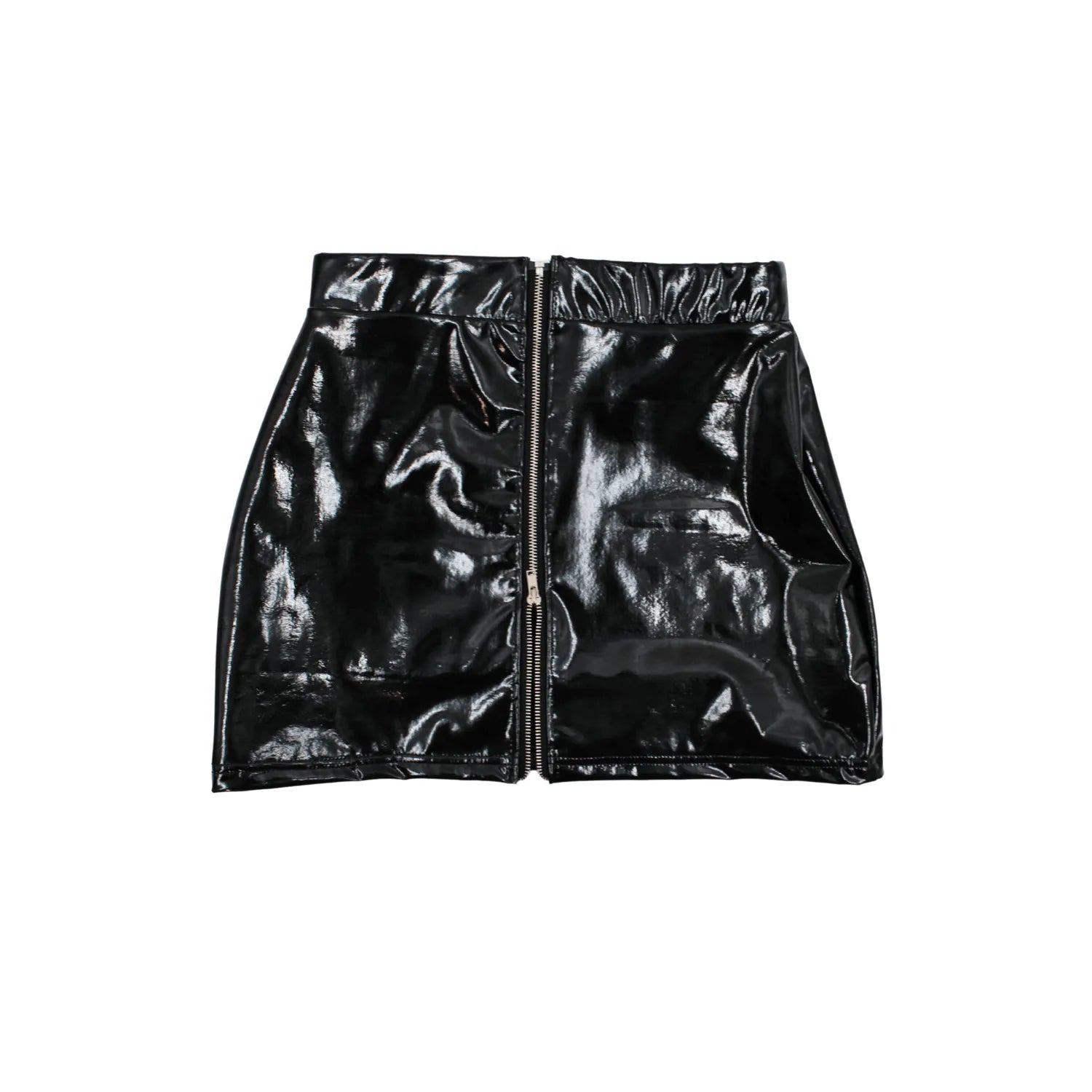 Jupe Courte Noire Lara Simili Cuir Brillant Coupe Moulante Fermeture Zip Élégance Provocatrice Look Ultra-Glossy Tenue Scène Glamour
