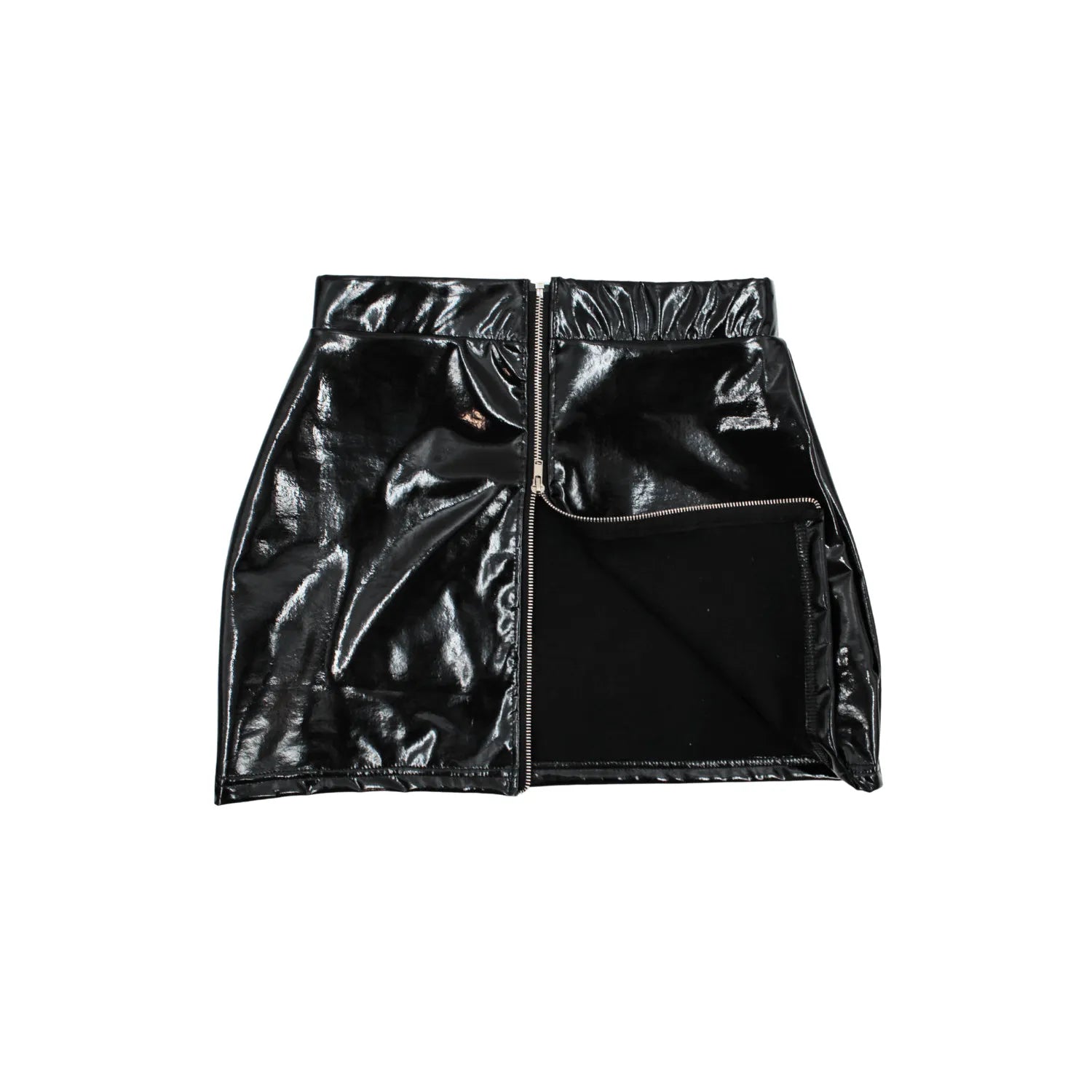 Jupe Courte Noire Lara Simili Cuir Brillant Coupe Moulante Fermeture Zip Élégance Provocatrice Look Ultra-Glossy Tenue Scène Glamour