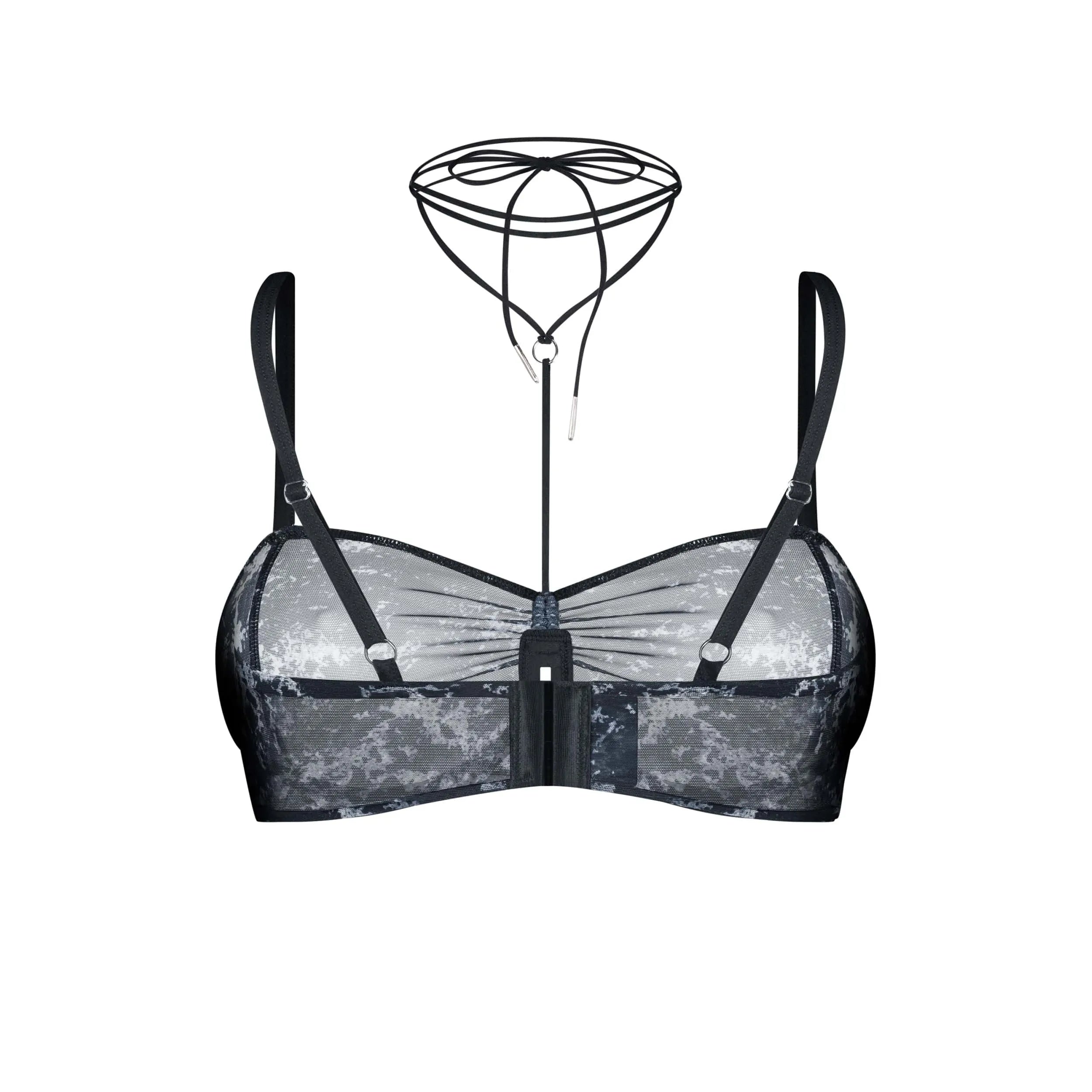 Soutien-gorge Corrosis noir maille transparente froncée, armatures réglables, motif unique élégant, style raffiné.