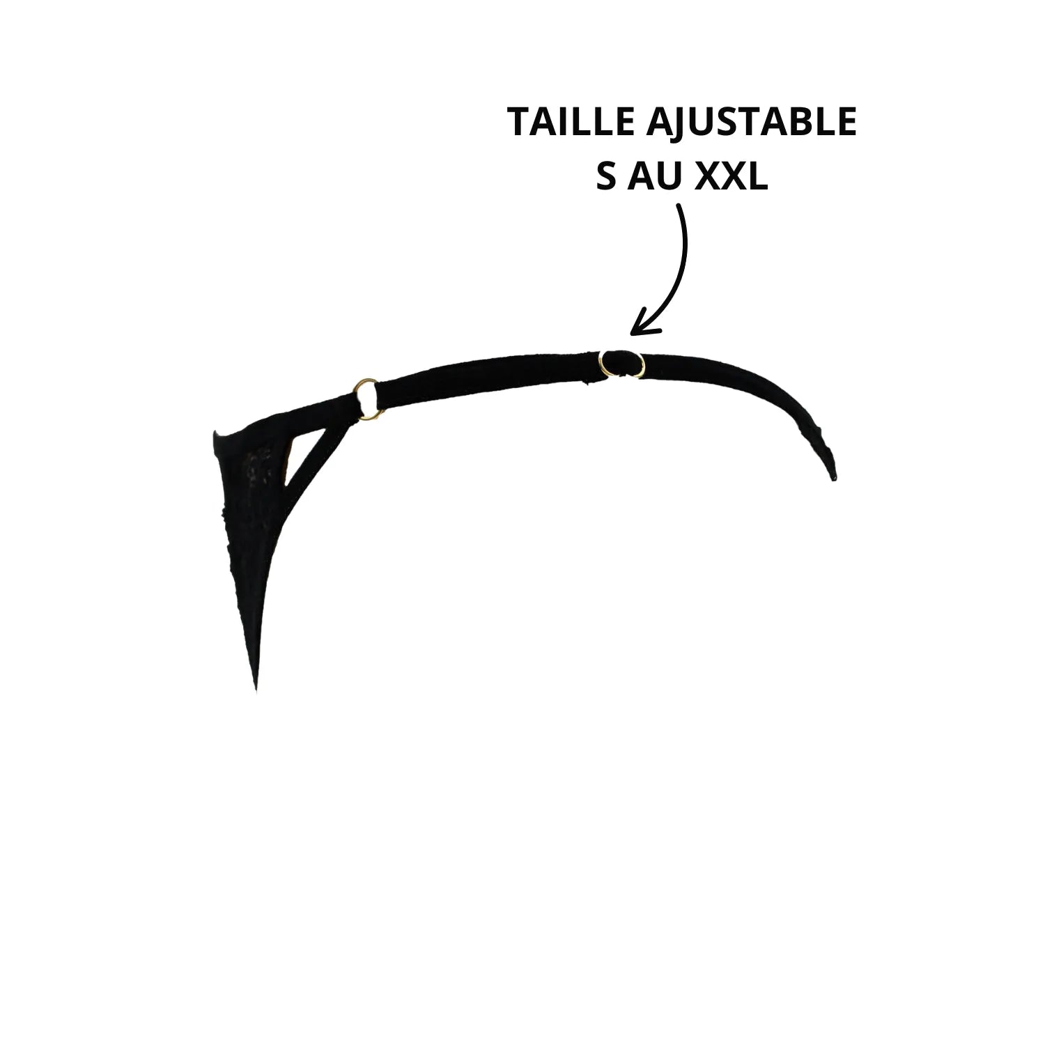 Tanga dentelle noire bijou losanges dorés ajustable sensuel élégant