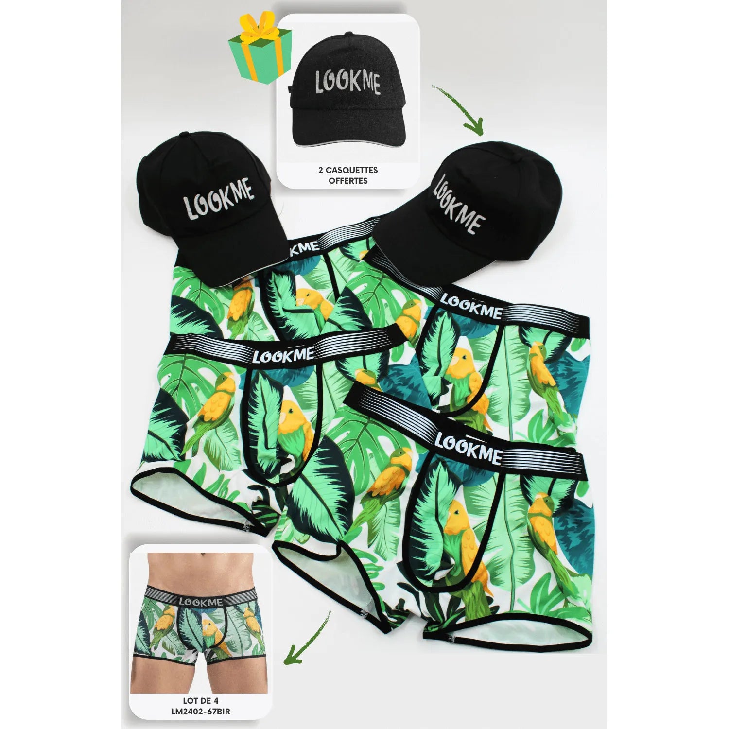 Pack 4 Boxer LM2402-67BIR LOOKME + 2 Casquettes Offertes