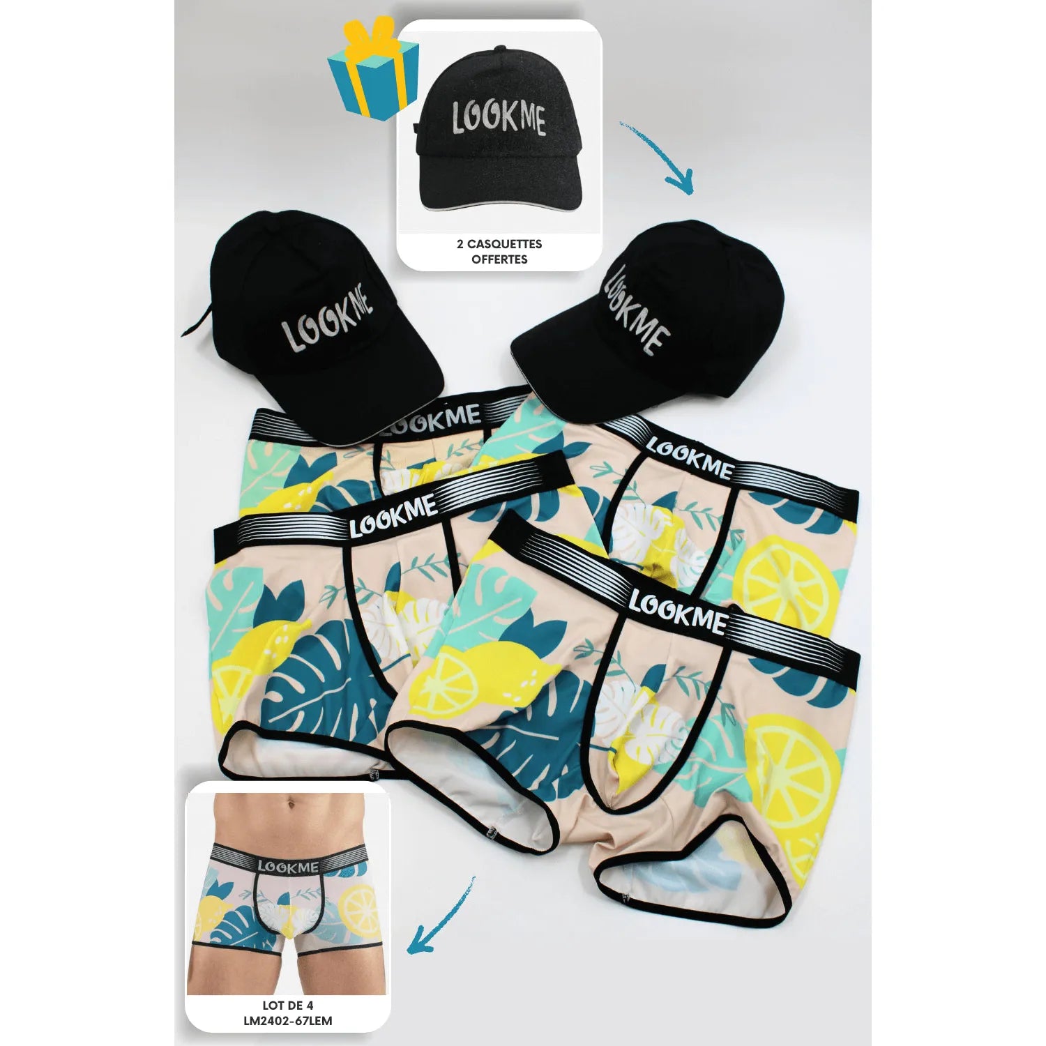Pack 4 Boxer LM2402-67LEM LOOKME + 2 Casquettes Offertes