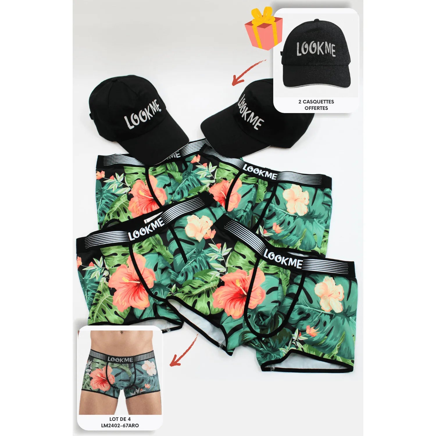 Pack 4 Boxer LM2402-67ARO LOOKME + 2 Casquettes Offertes