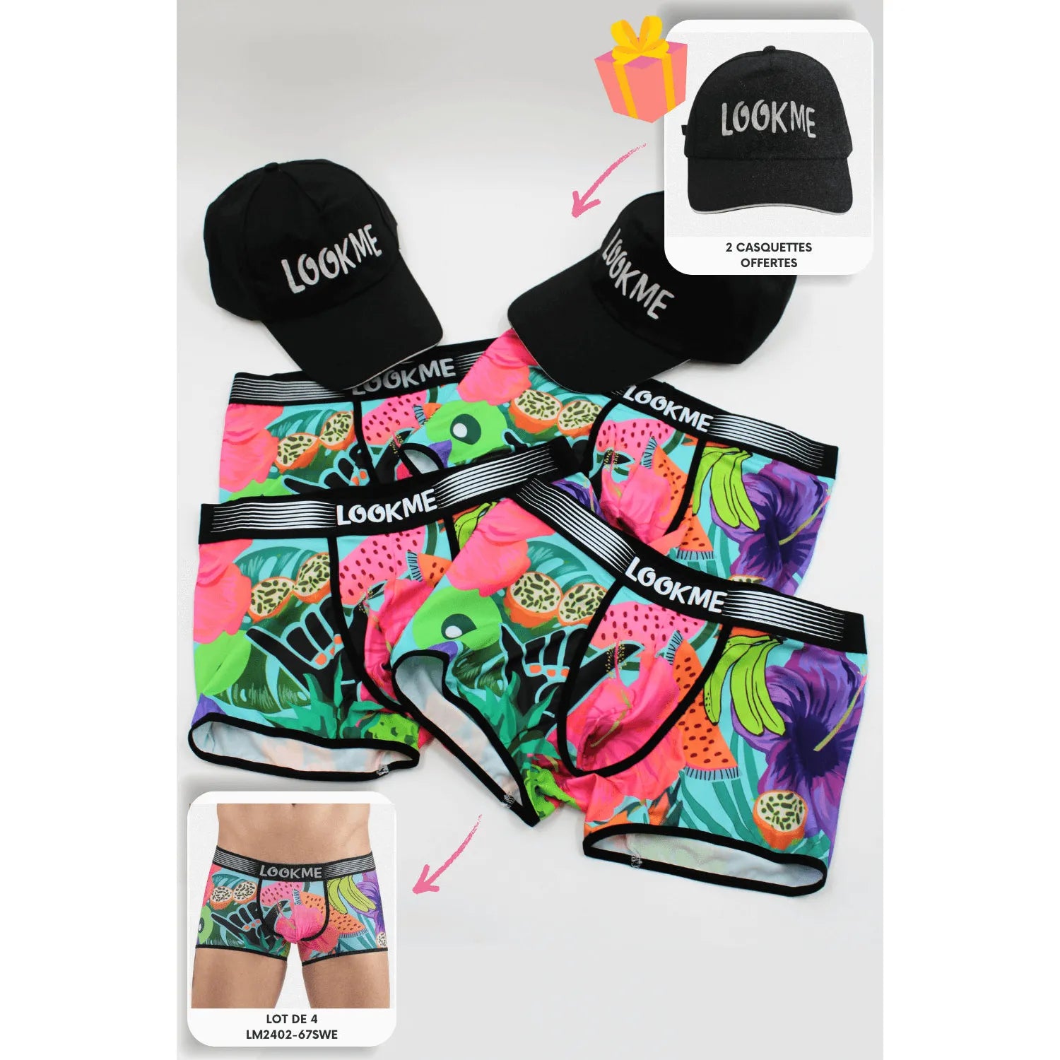 Pack 4 Boxer LM2402-67SWE LOOKME + 2 Casquettes Offertes