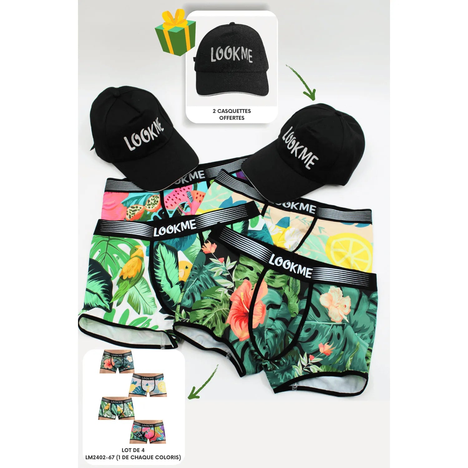 Pack 4 Boxer LM2402-67 LOOKME + 2 Casquettes Offertes