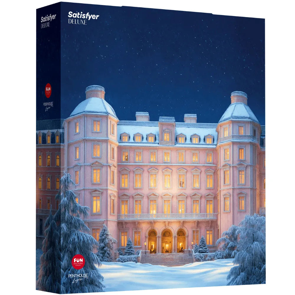 Calendrier de l'Avent Satisfyer Deluxe 2025, boîte élégante avec illustration de château enneigé, 24 surprises intimes.