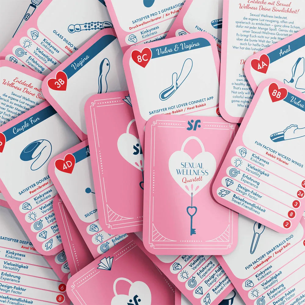 Calendrier de l'Avent Satisfyer Deluxe 2025 avec cartes roses et blanches, détails sensuels et design élégant.