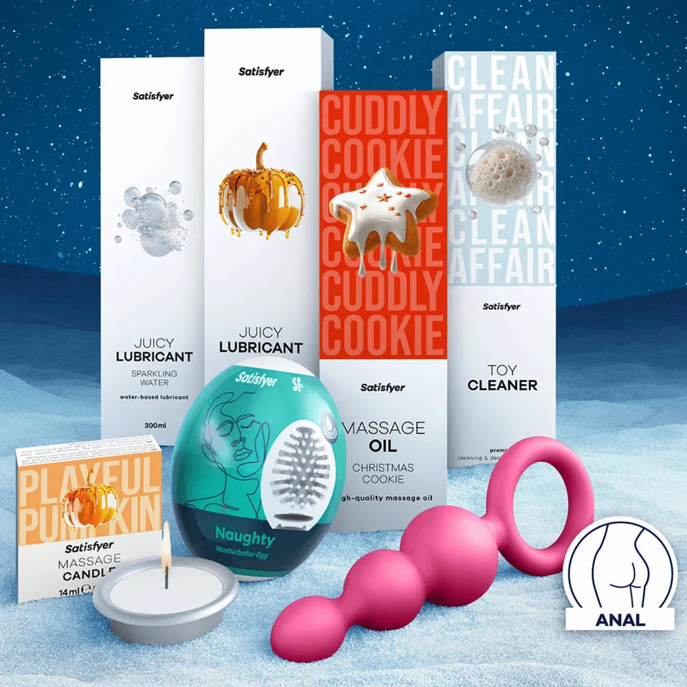 Calendrier de l'Avent Satisfyer Deluxe 2025 avec jouets érotiques et accessoires intimes sur fond bleu étoilé.