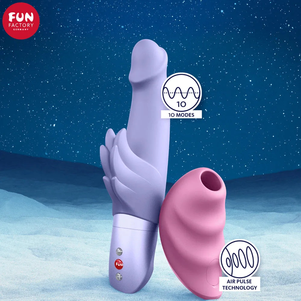 Vibromasseur violet et stimulateur rose Satisfyer sur fond étoilé, 10 modes et technologie Air Pulse pour plaisir sensoriel.