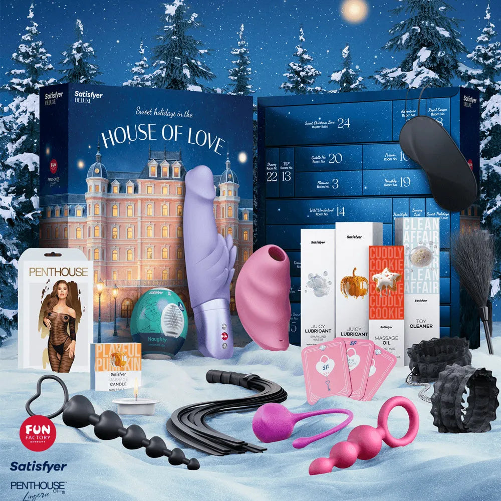Calendrier de l'Avent Satisfyer Deluxe 2025 avec boule de geisha et bougie de massage pour une expérience sensorielle unique.