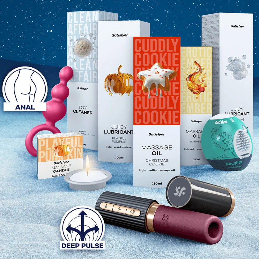 Calendrier de l'Avent Satisfyer 2025 avec jouets érotiques et accessoires sensuels, design élégant et festif.